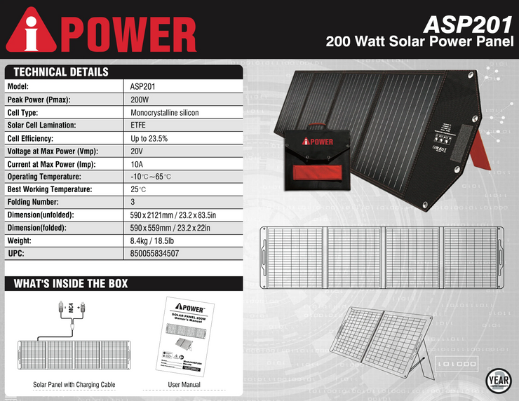 PLACA SOLAR A-IPOWER ASP201 | 200 WATTS | IP67 WATERPROOF |