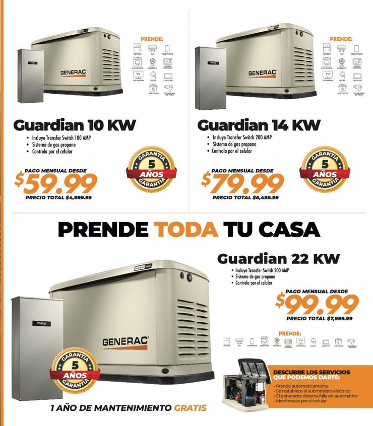 GENERADOR DE GAS GENERAC, 14 KW + TRANFER SWITCH +Wifi