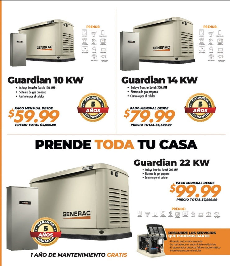GENERADOR DE GAS GENERAC, 22 KW + TRANFER SWITCH +Wifi
